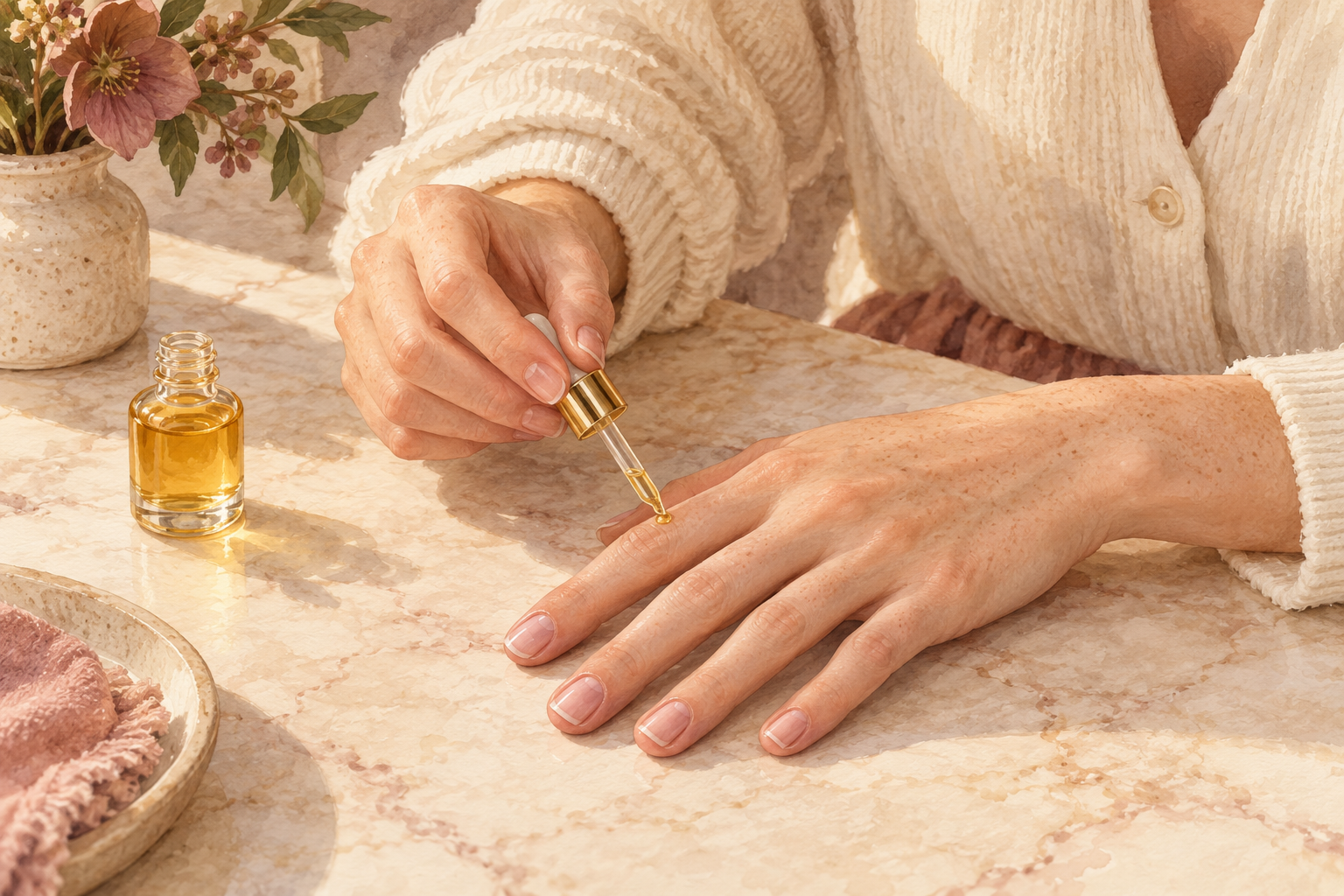 A naturally held dropper applies a small amount of nail-care oil to a resting hand.