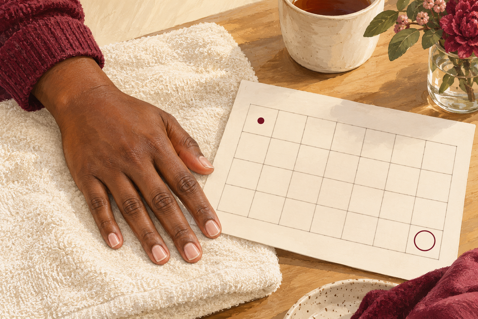 One natural bare hand rests beside a blank four-week tracking calendar.