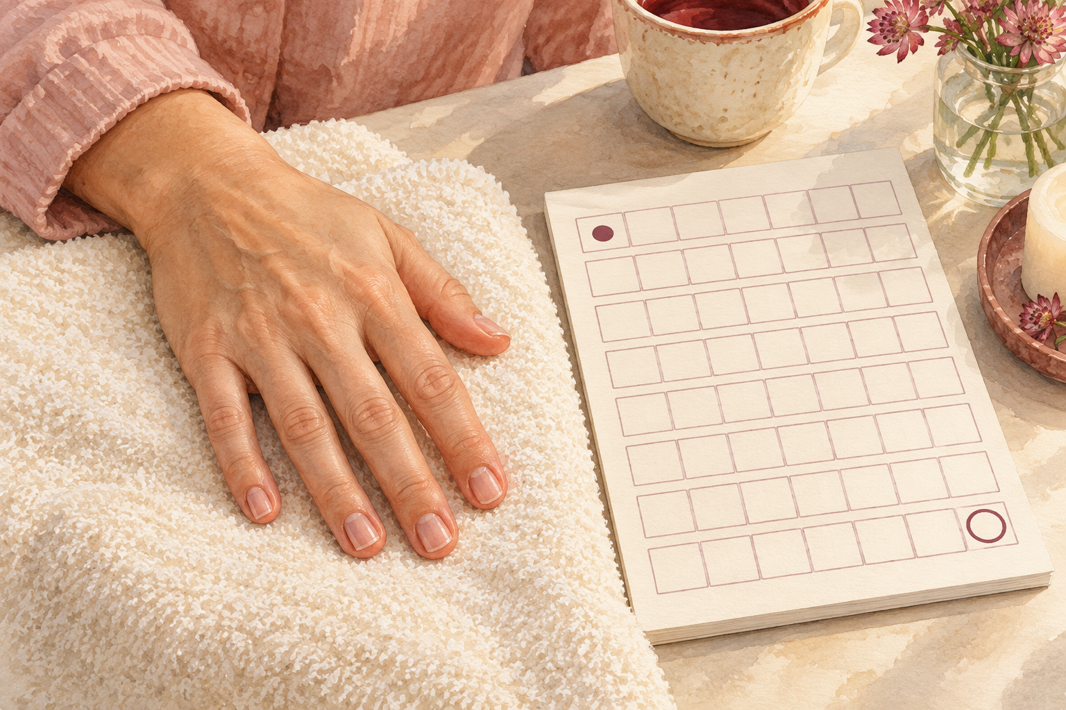 A natural bare hand rests beside a blank eight-week nail-care record.