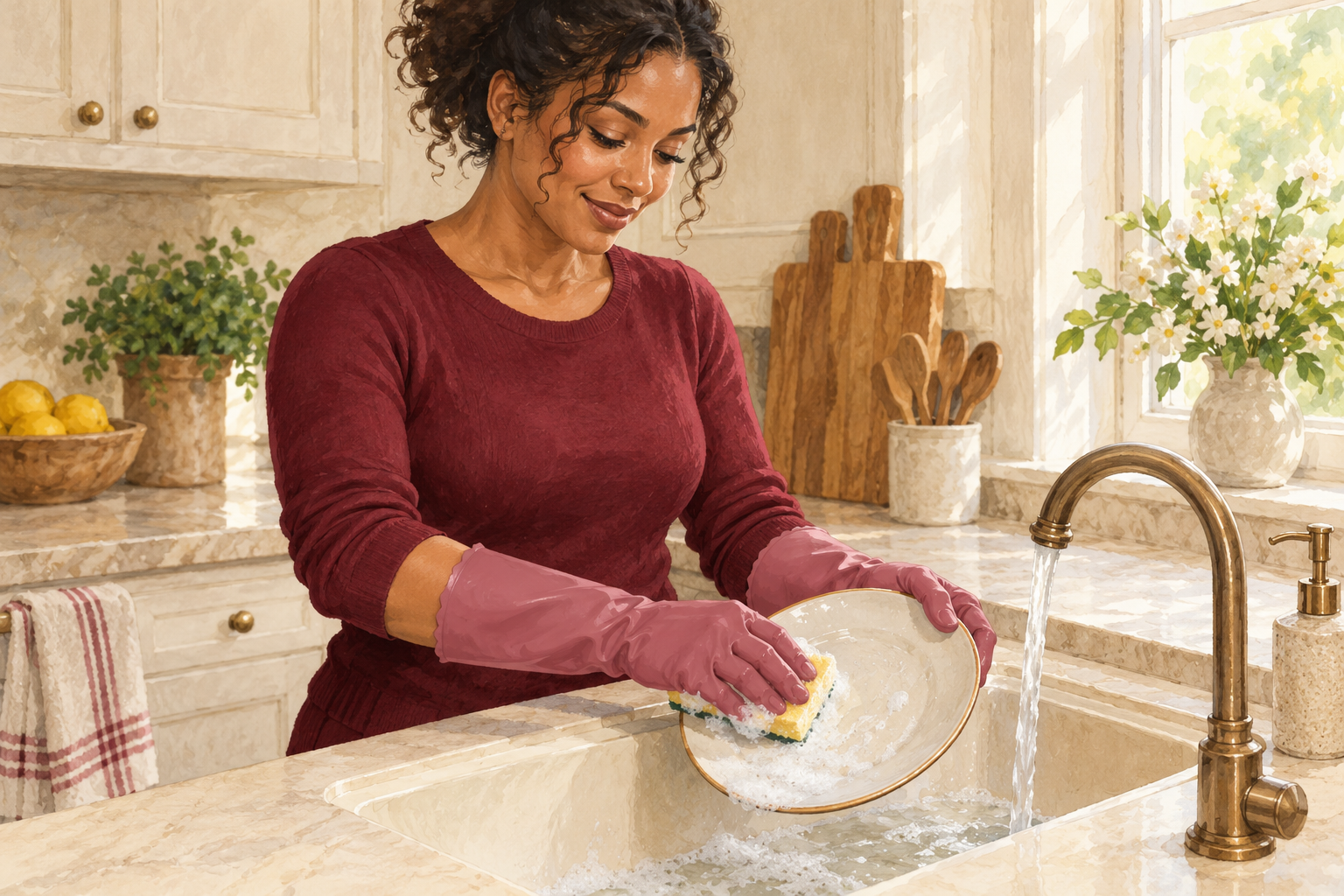 A woman washes a dish while wearing full household gloves on both hands.