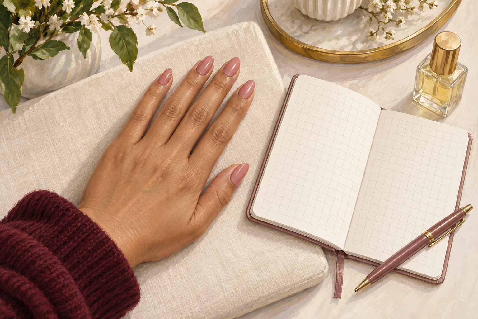 A natural hand wearing one press-on set rests beside a blank wear-record notebook.
