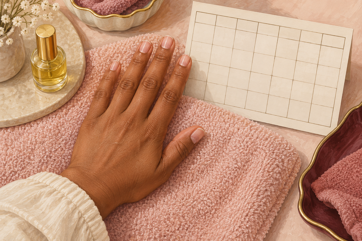 Short bare natural nails rest beside a blank weekly tracking card.