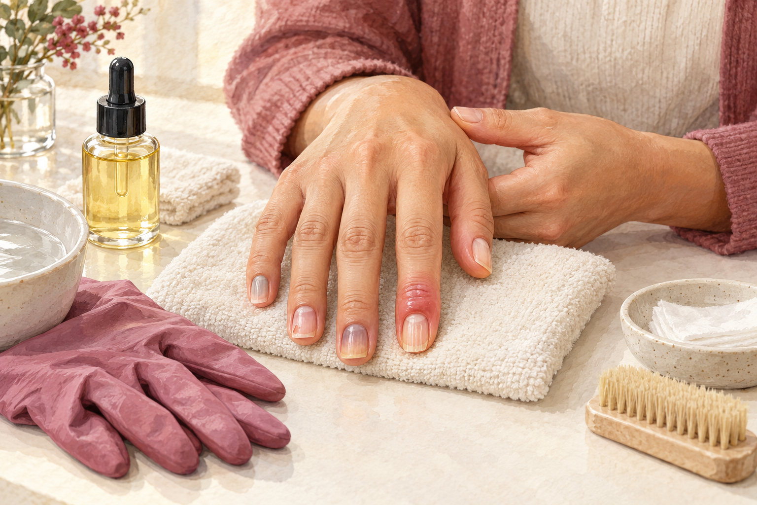 A supported natural hand shows nail and surrounding-skin changes for closer attention.