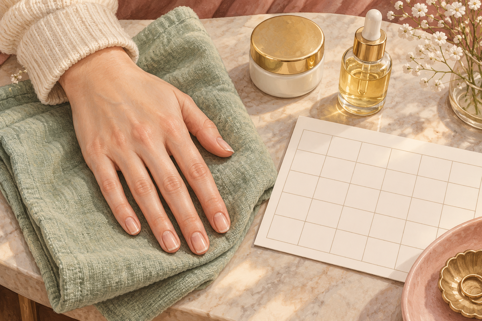 A bare natural hand rests on a folded towel beside a blank weekly record.