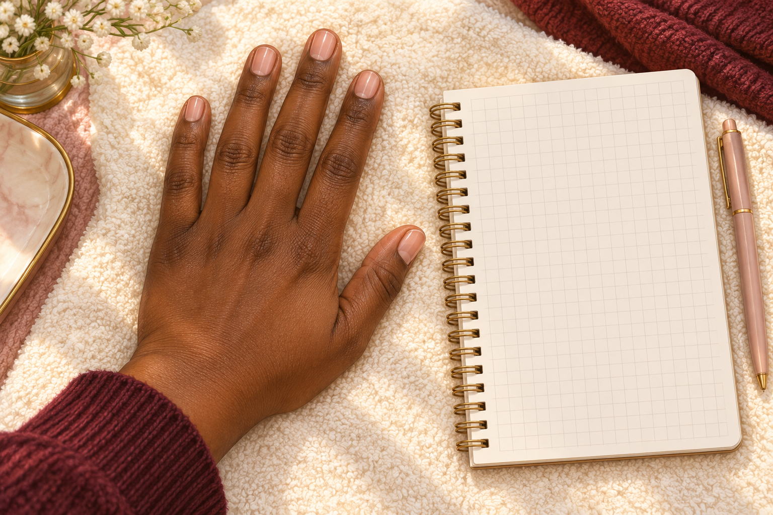 One natural bare hand rests beside a blank nail-care tracking notebook.