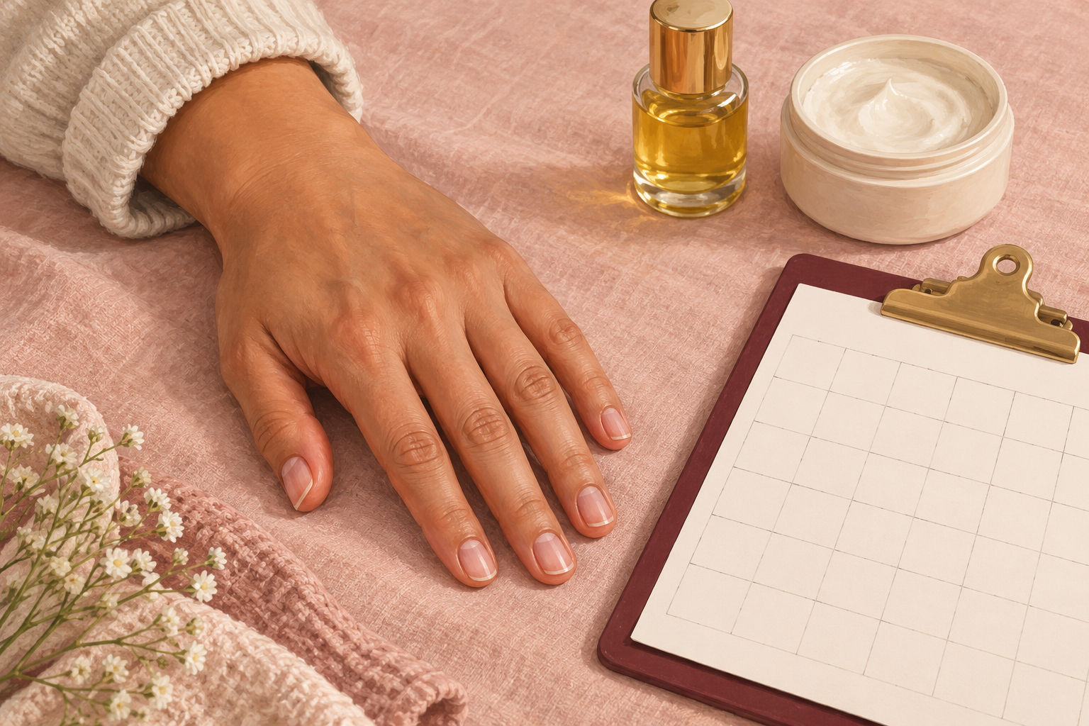 Bare resting nails are shown beside an empty time-record sheet.