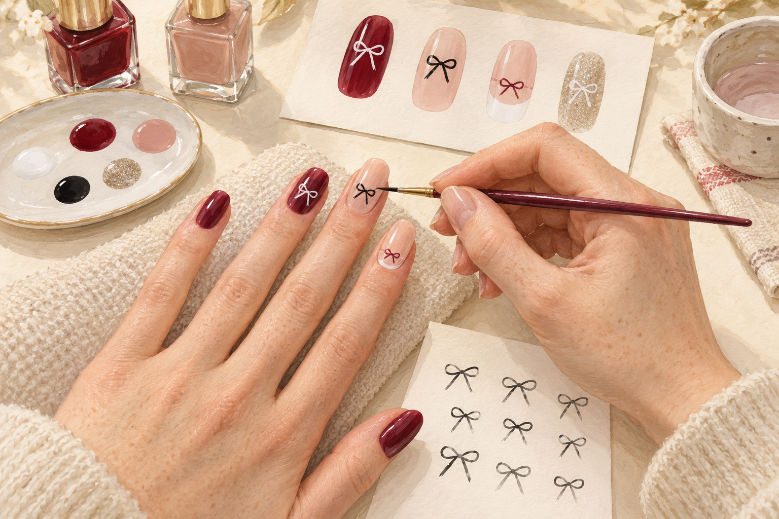 A fine brush adds a bow design beside several different bow nail-art examples.