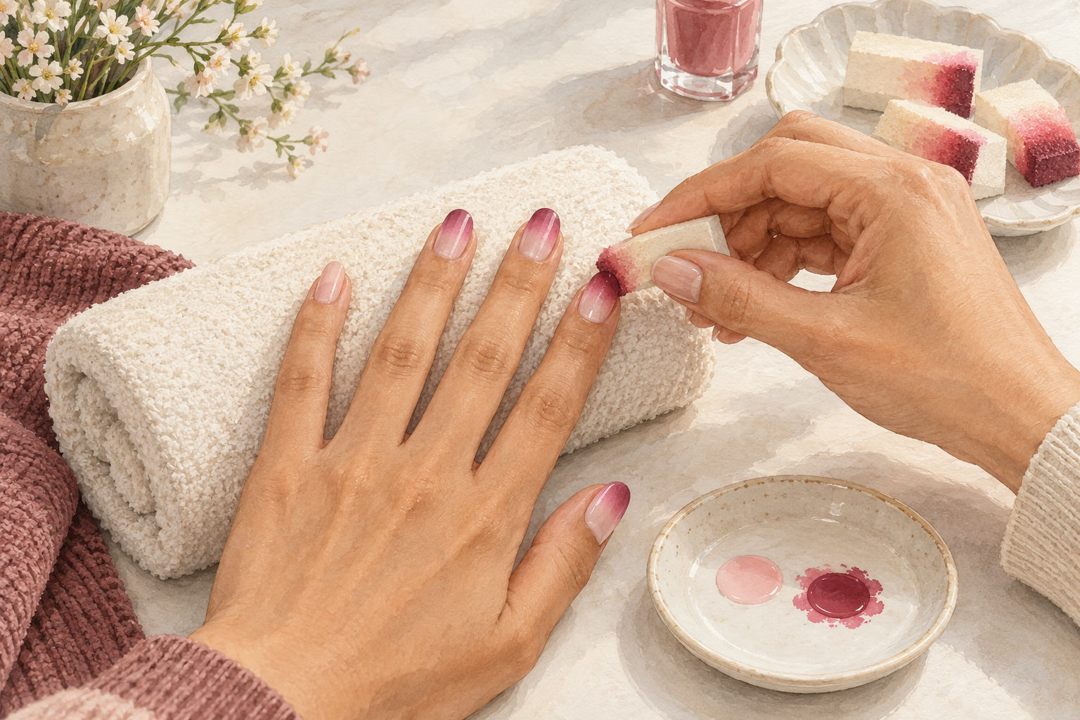 A relaxed sponge grip adds a thin layer to a pink and berry ombre nail.