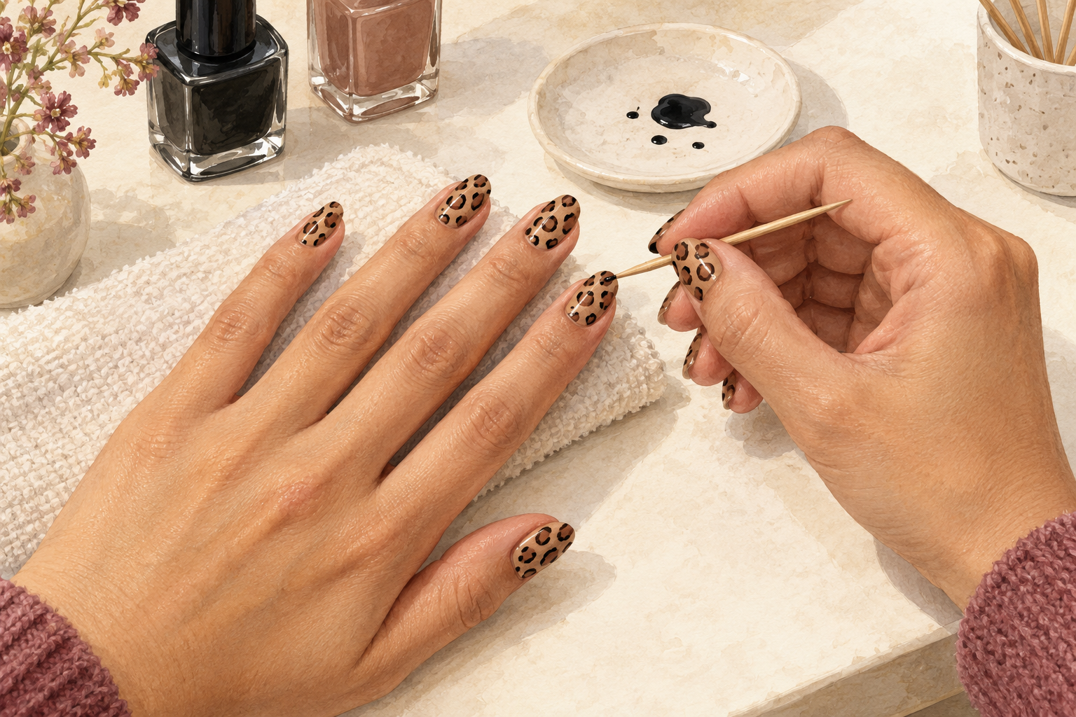 A fine wooden tool adds tiny dark flecks between the larger nail-art spots.