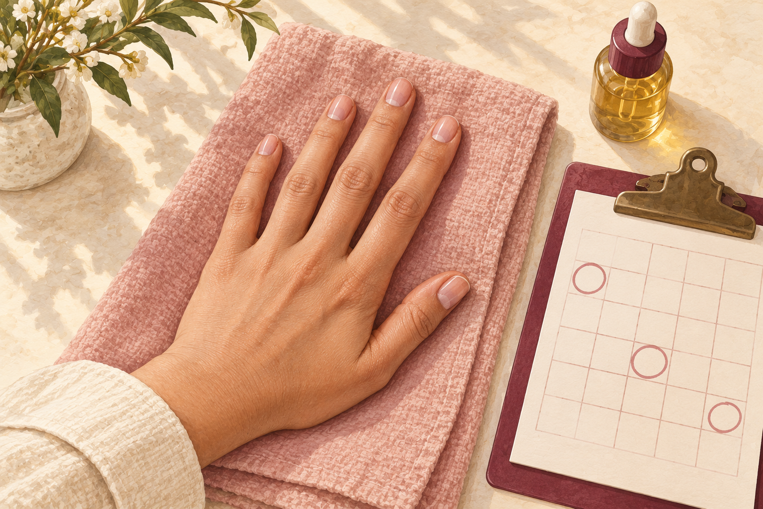 A natural hand with nail art rests beside a blank practice record.