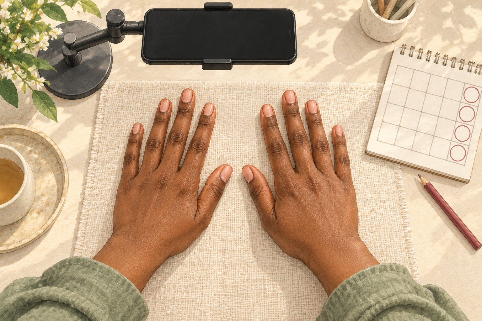 Natural hands position a phone above the nails for a consistent record.