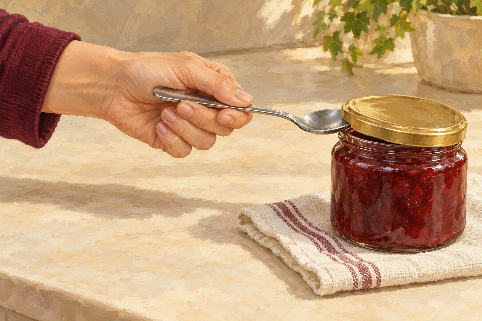 A naturally held spoon lifts a jar lid without using the nails as tools.