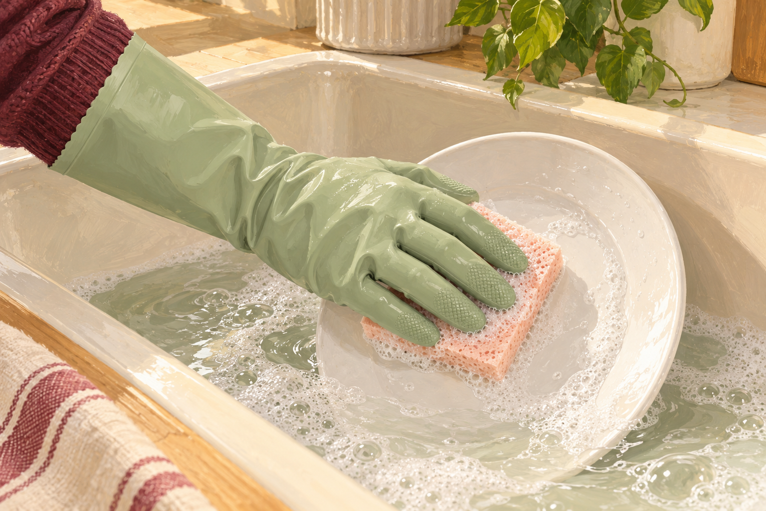 A full waterproof household glove holds a sponge while cleaning a dish.
