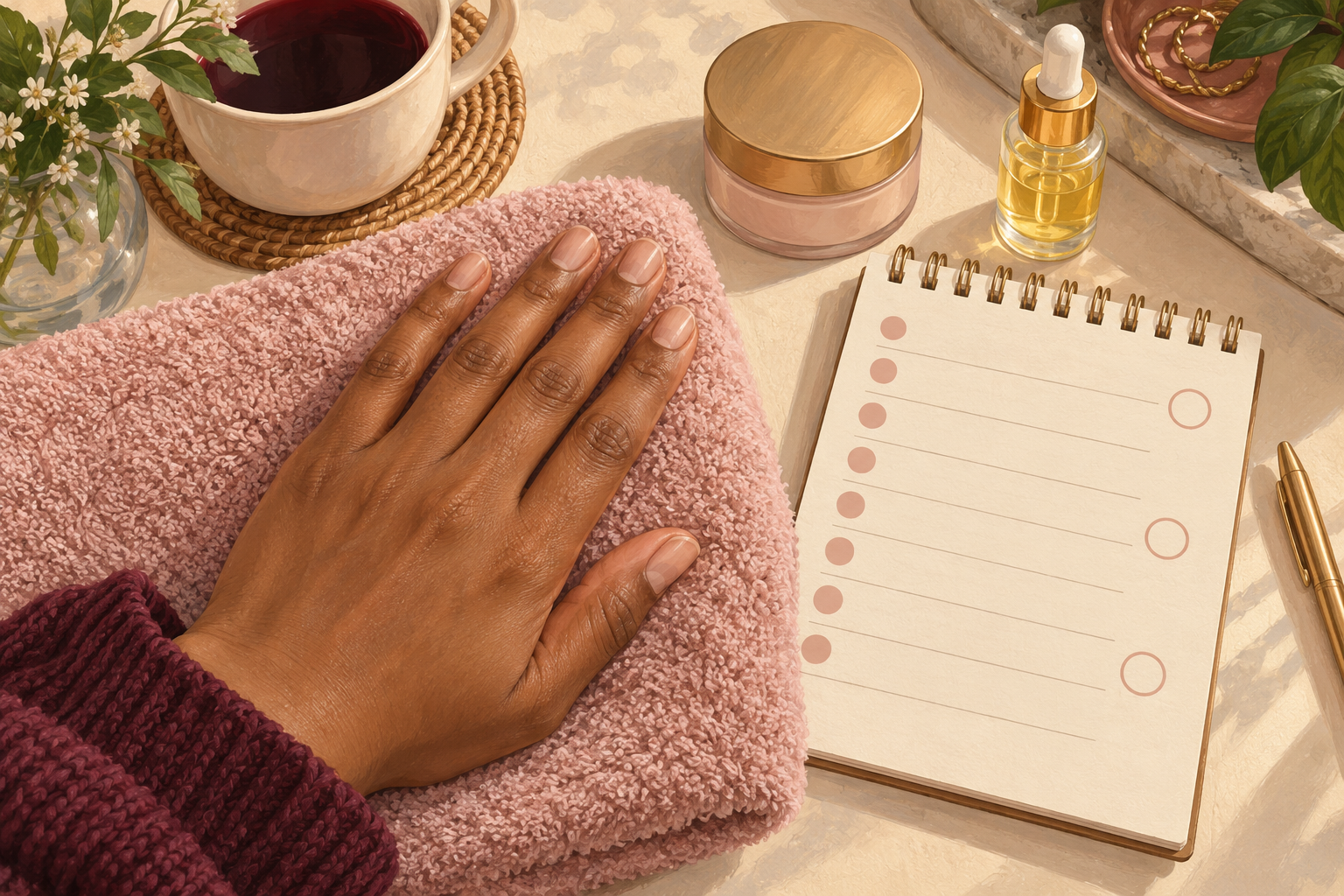 Bare resting nails are shown beside a blank weekly nail-care notebook.