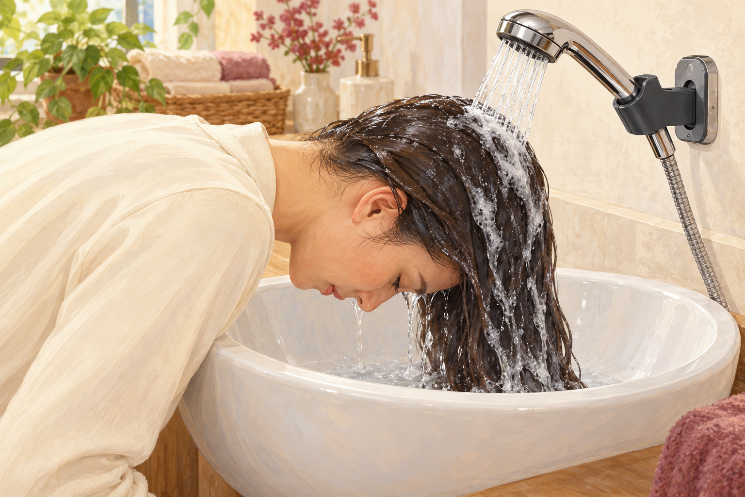 A fully clothed woman bends over a basin while water rinses her hair from a fixed shower head.