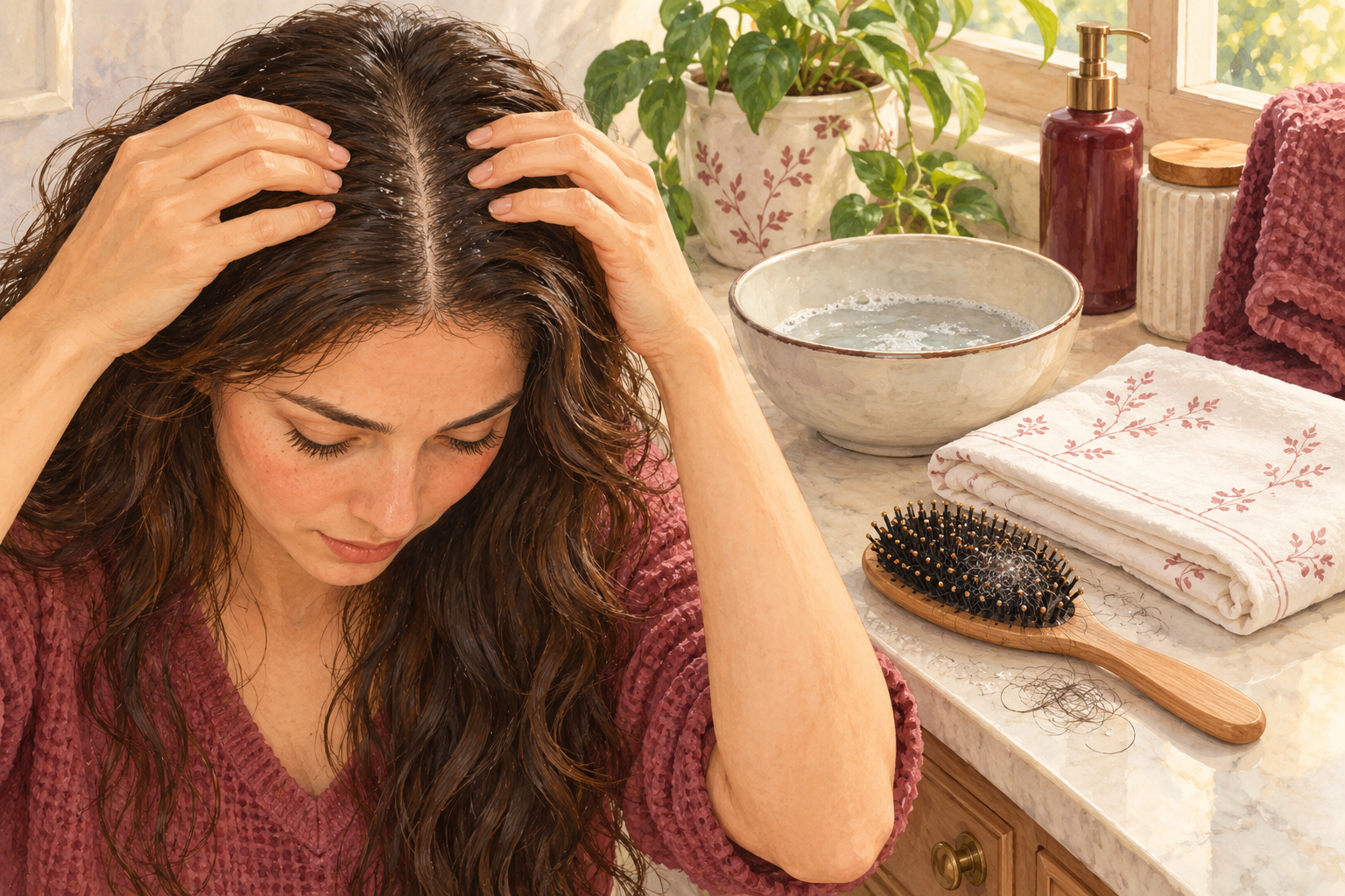 A woman checks her scalp part beside a brush and cleaning supplies.