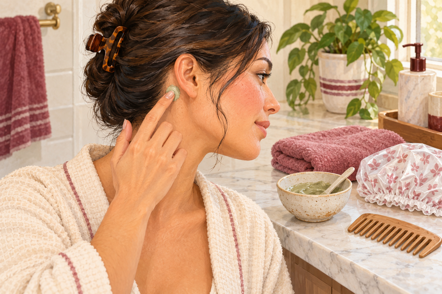 A woman applies a small prepared-mask test spot behind her ear.