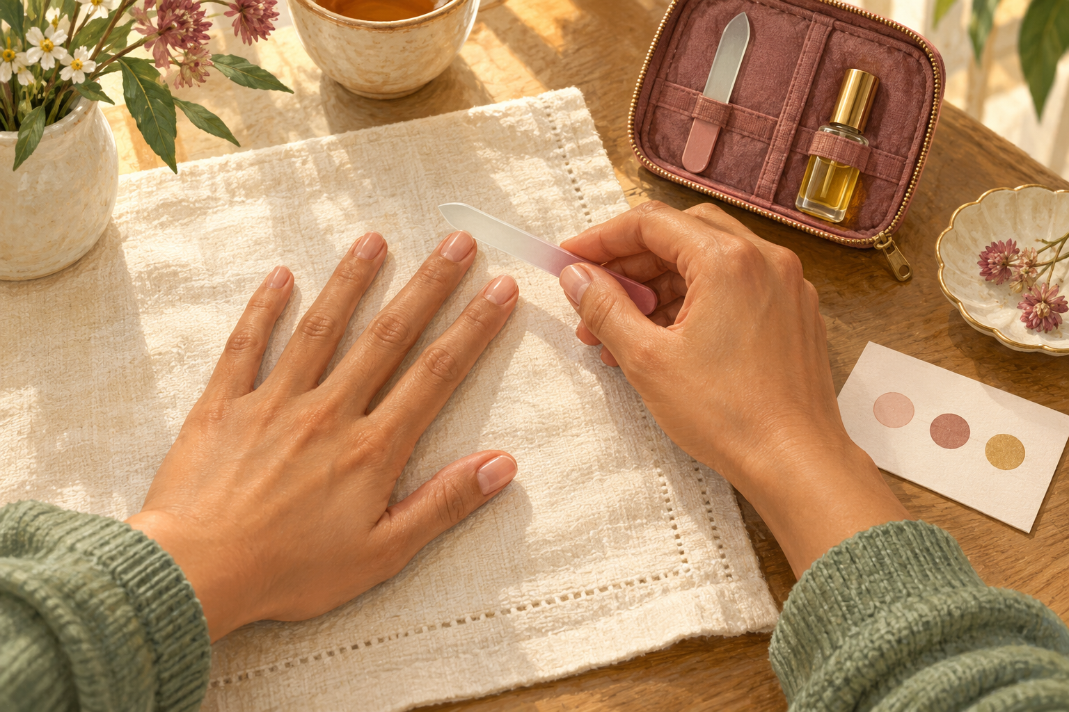 A naturally held nail file checks a supported nail beside a compact care kit.