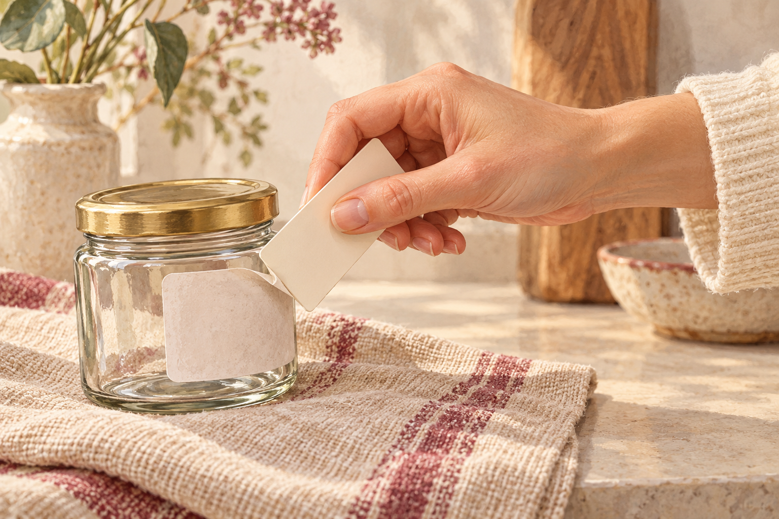 A natural hand uses a card to lift a jar label instead of scraping with a nail.