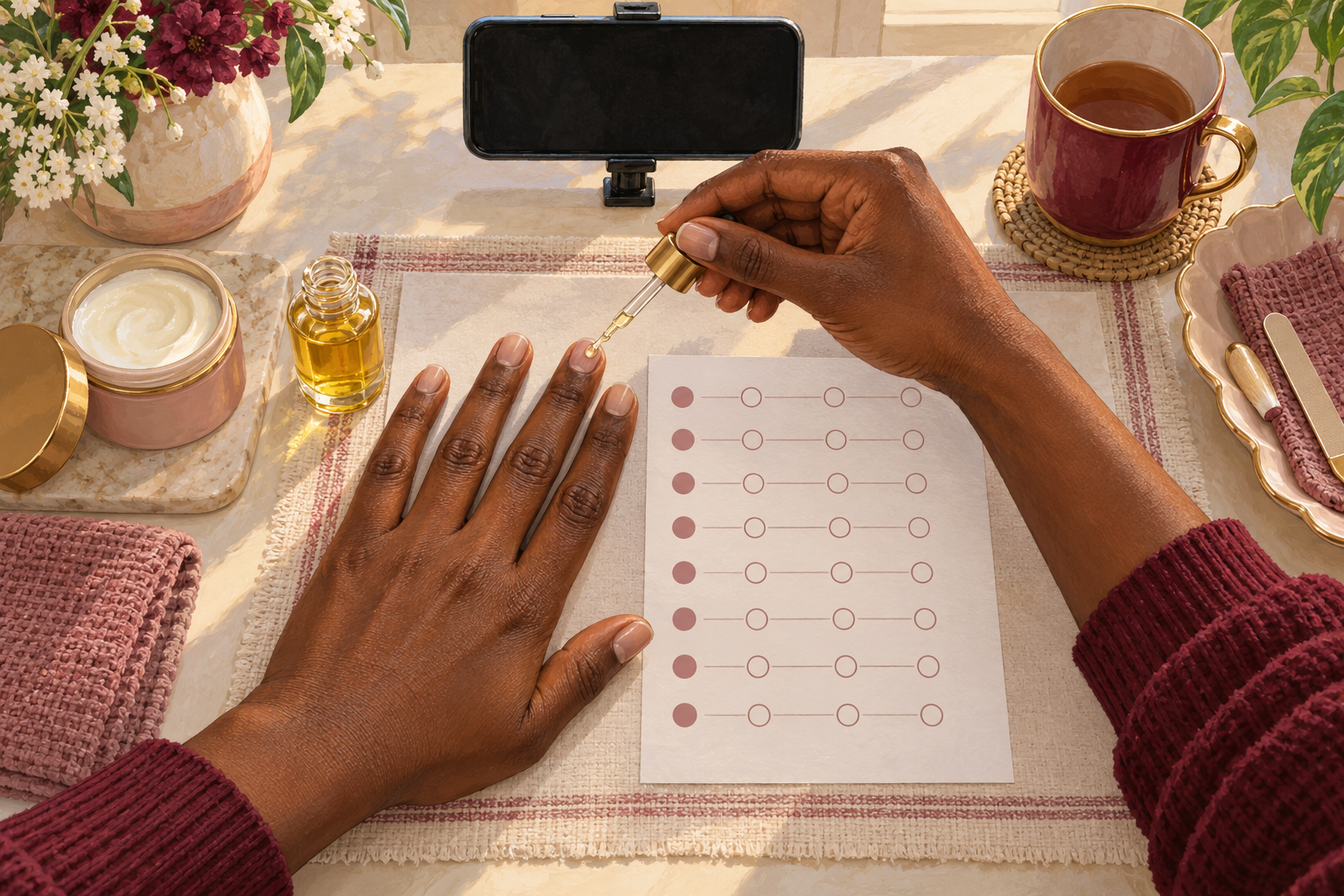 A relaxed dropper grip applies cuticle oil beside a blank two-month nail-care record.
