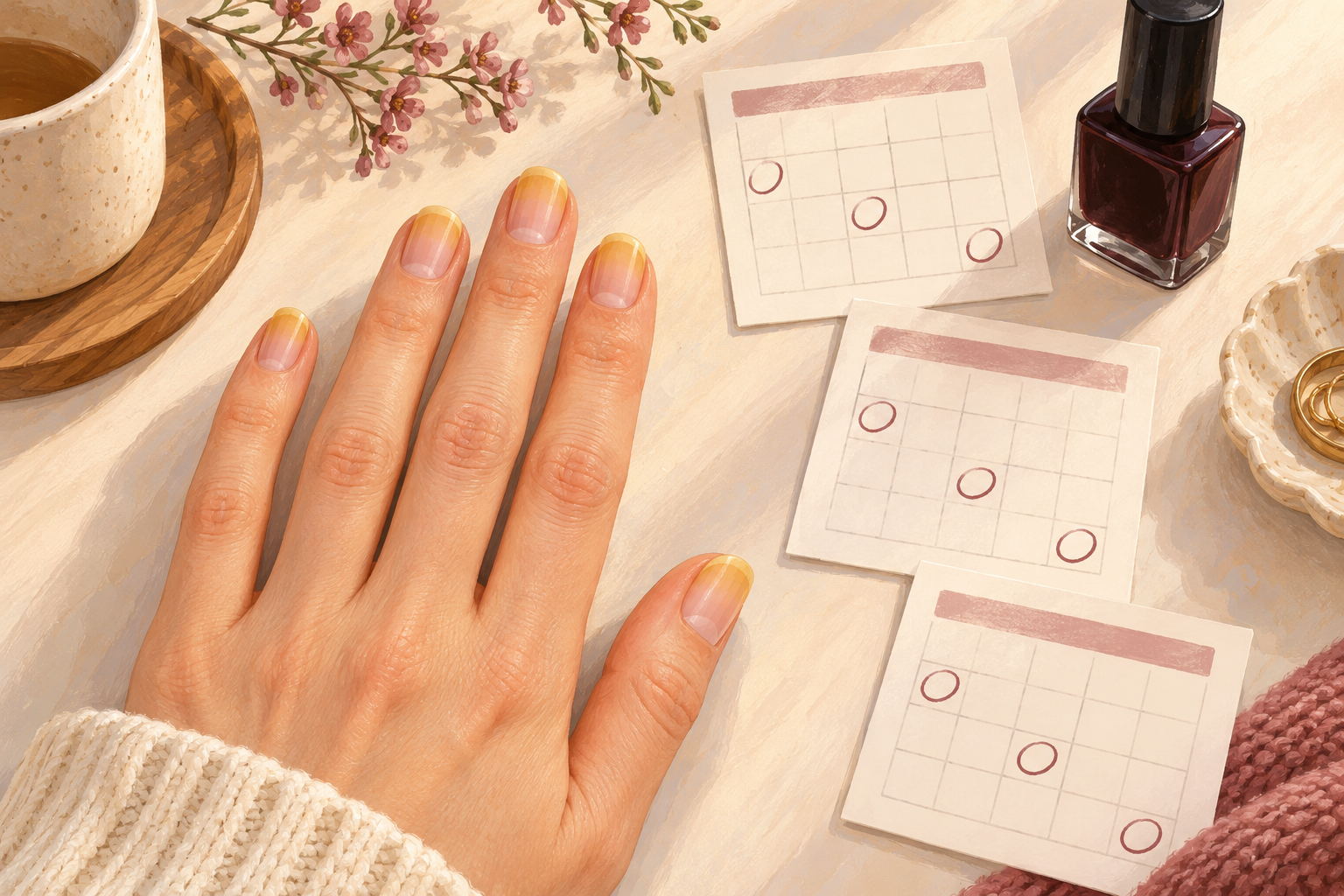 Natural nails show older staining toward the tips beside blank calendar cards.