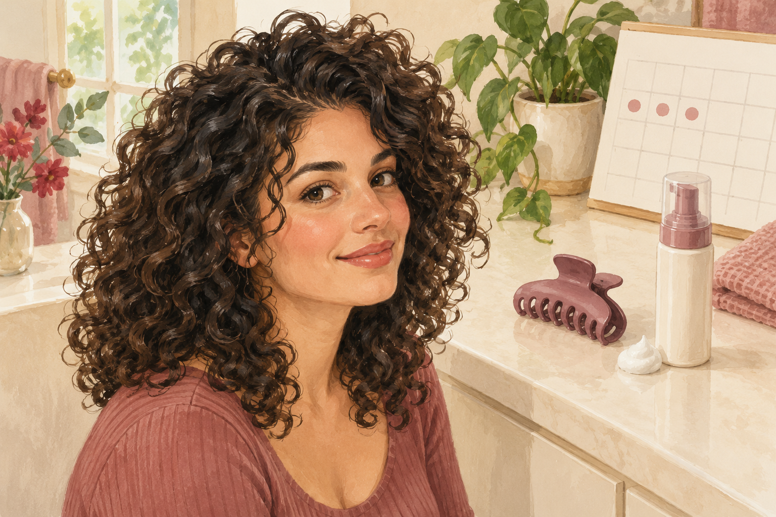A woman shows defined curls and visible root lift beside a wash-record calendar.