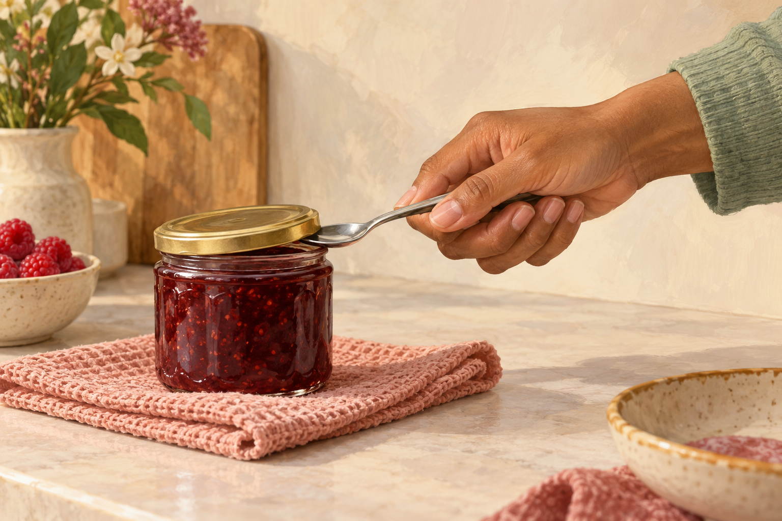 A naturally held spoon lifts a jar lid without prying with the fingernails.