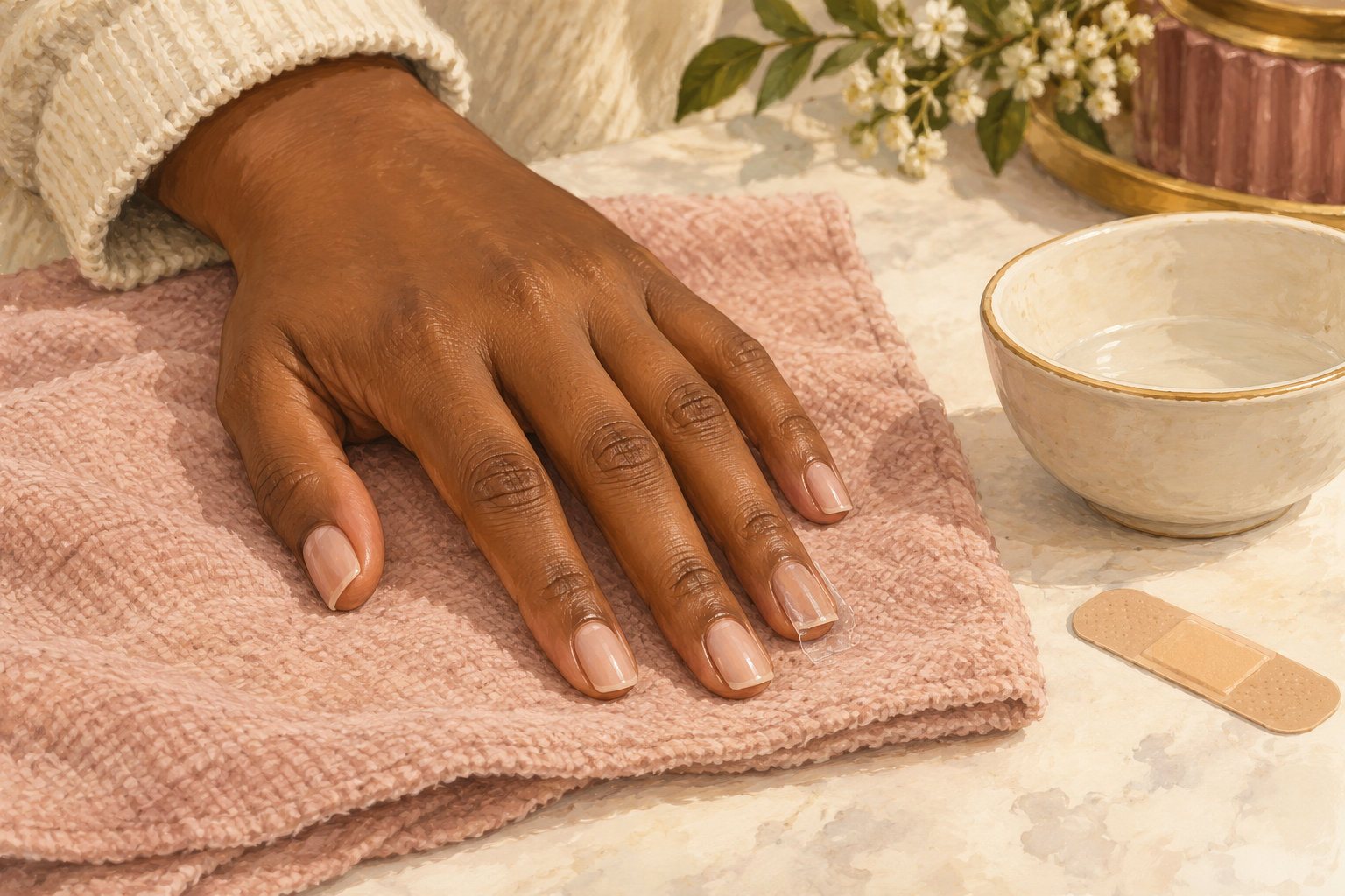 A natural hand with a lifted artificial nail edge rests beside a soak bowl and bandage.