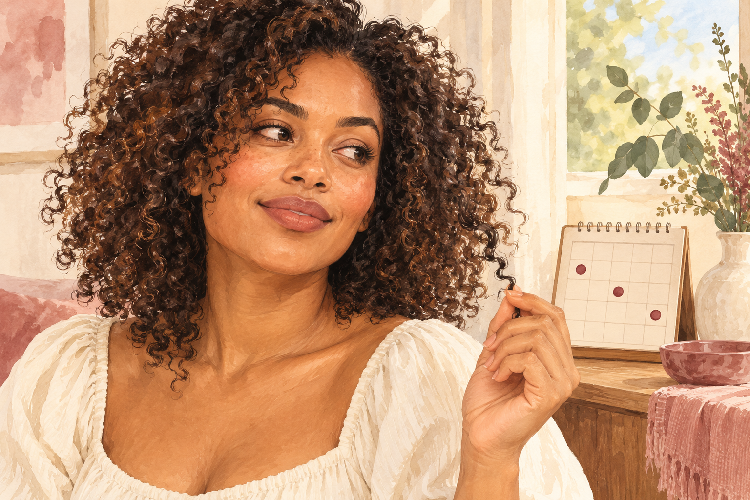 A woman gently checks a dry curl beside a blank tracking calendar.