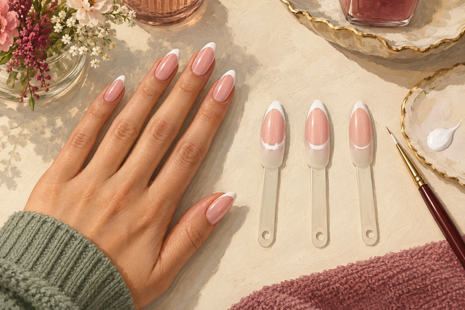 A natural French-manicured hand rests beside three practice tips with different curve attempts.