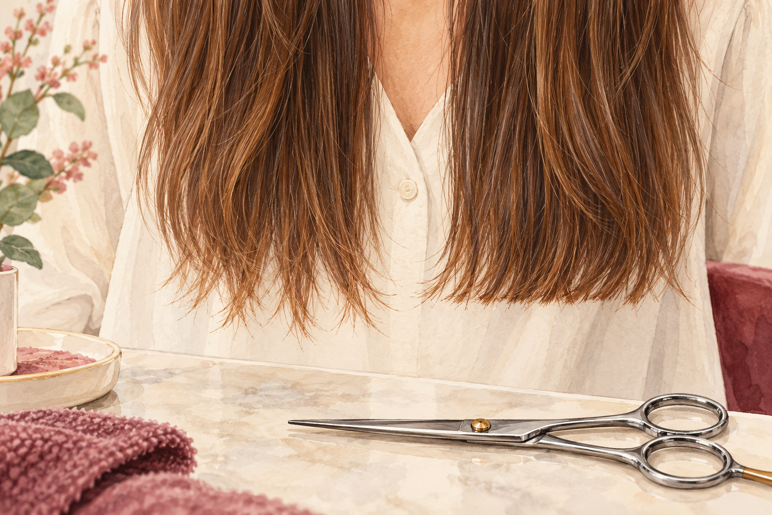 Hair ends show an uneven edge beside a neater trim line and hair scissors.