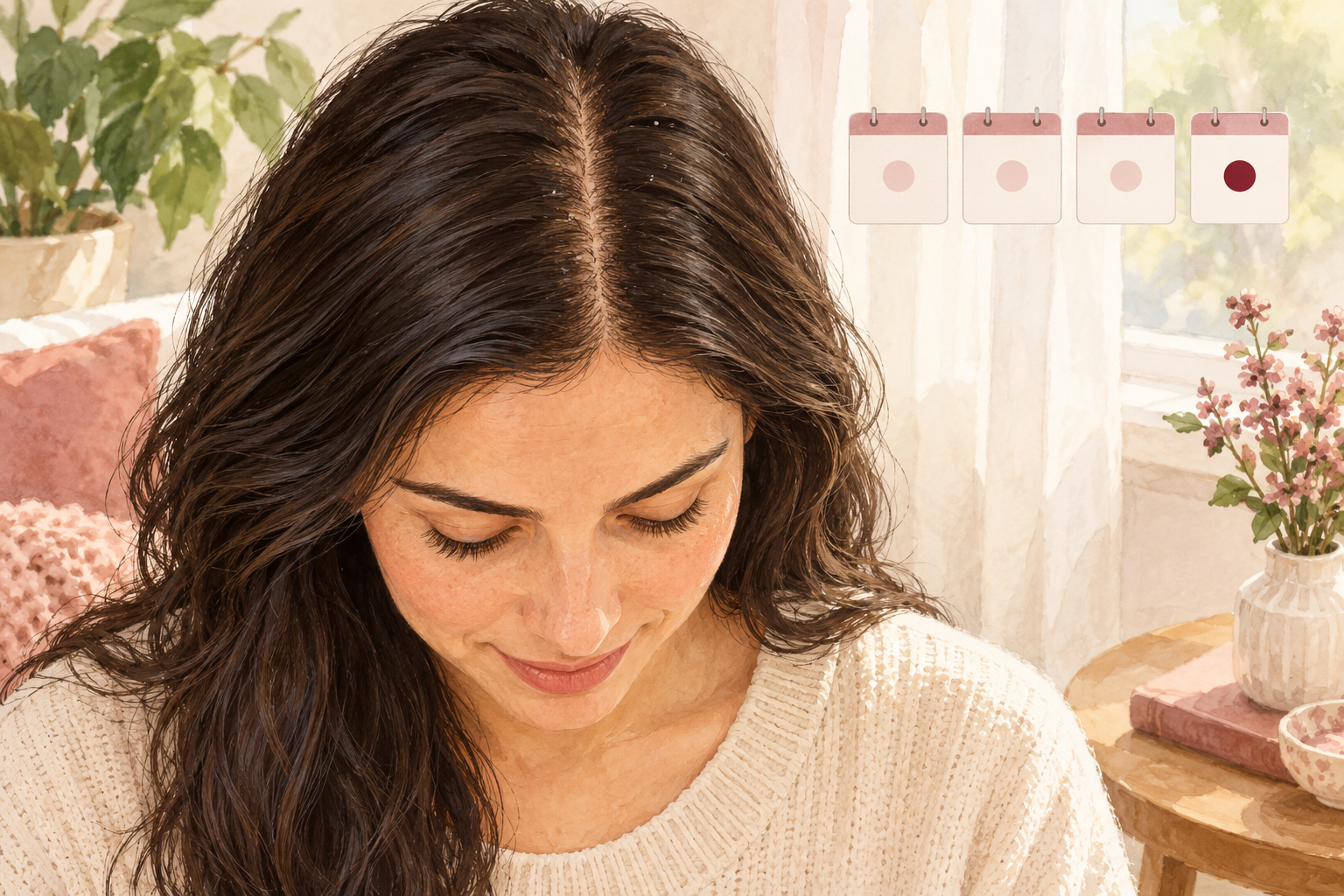 A clear scalp-part view sits beside four blank weekly calendar markers.