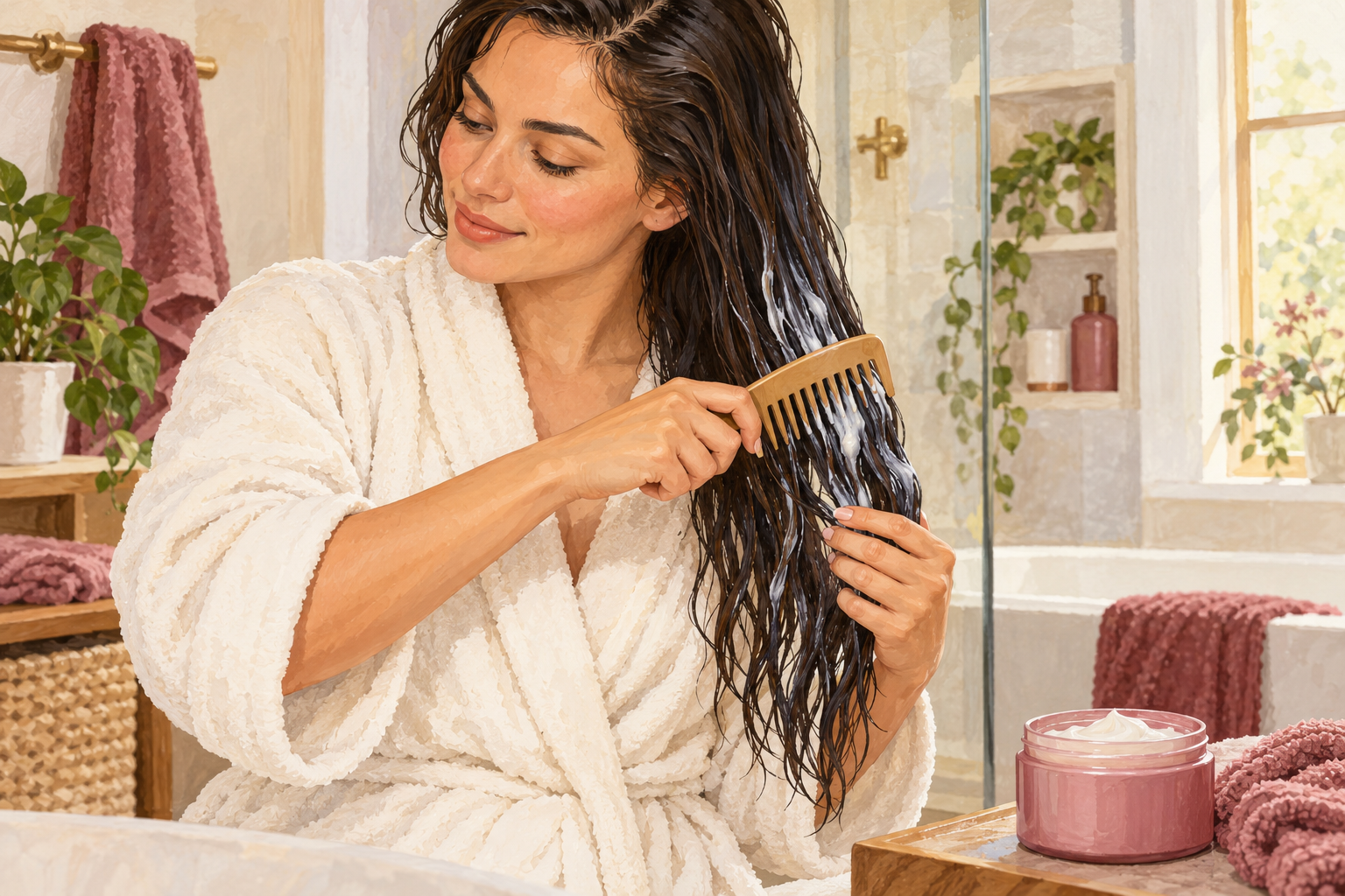 A woman gently combs conditioner through the lengths while supporting the hair ends.