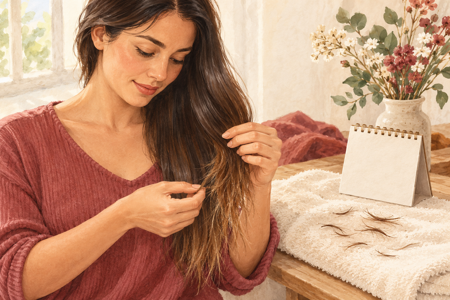 A woman naturally holds and examines visibly frayed hair ends beside a blank record.