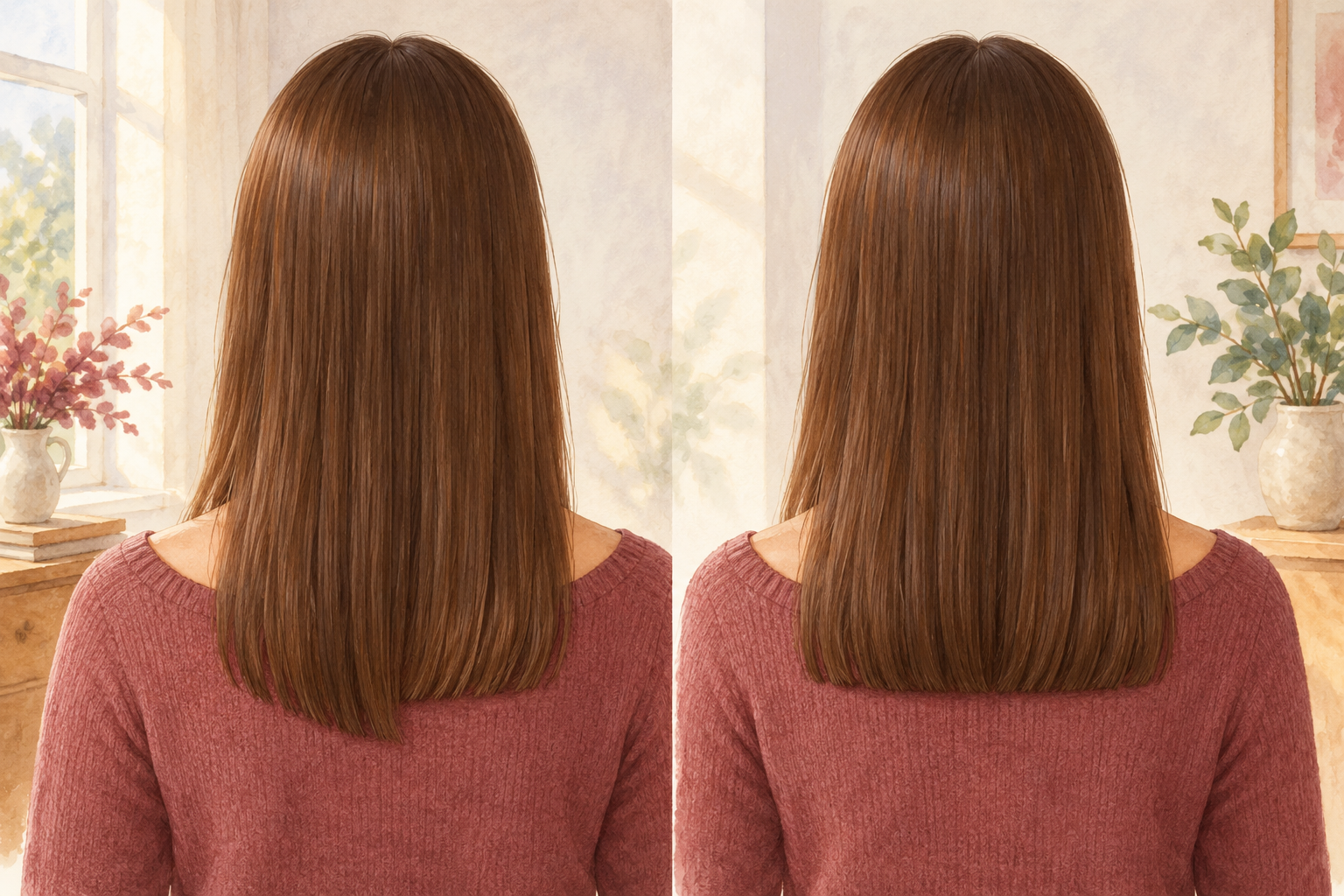 Matching rear views compare an uneven hair-trim edge with a more even line.