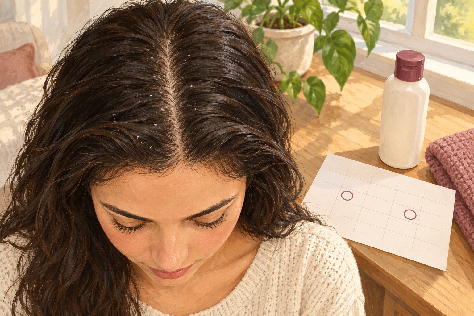 A consistent scalp-part view is shown beside a blank check-in calendar.