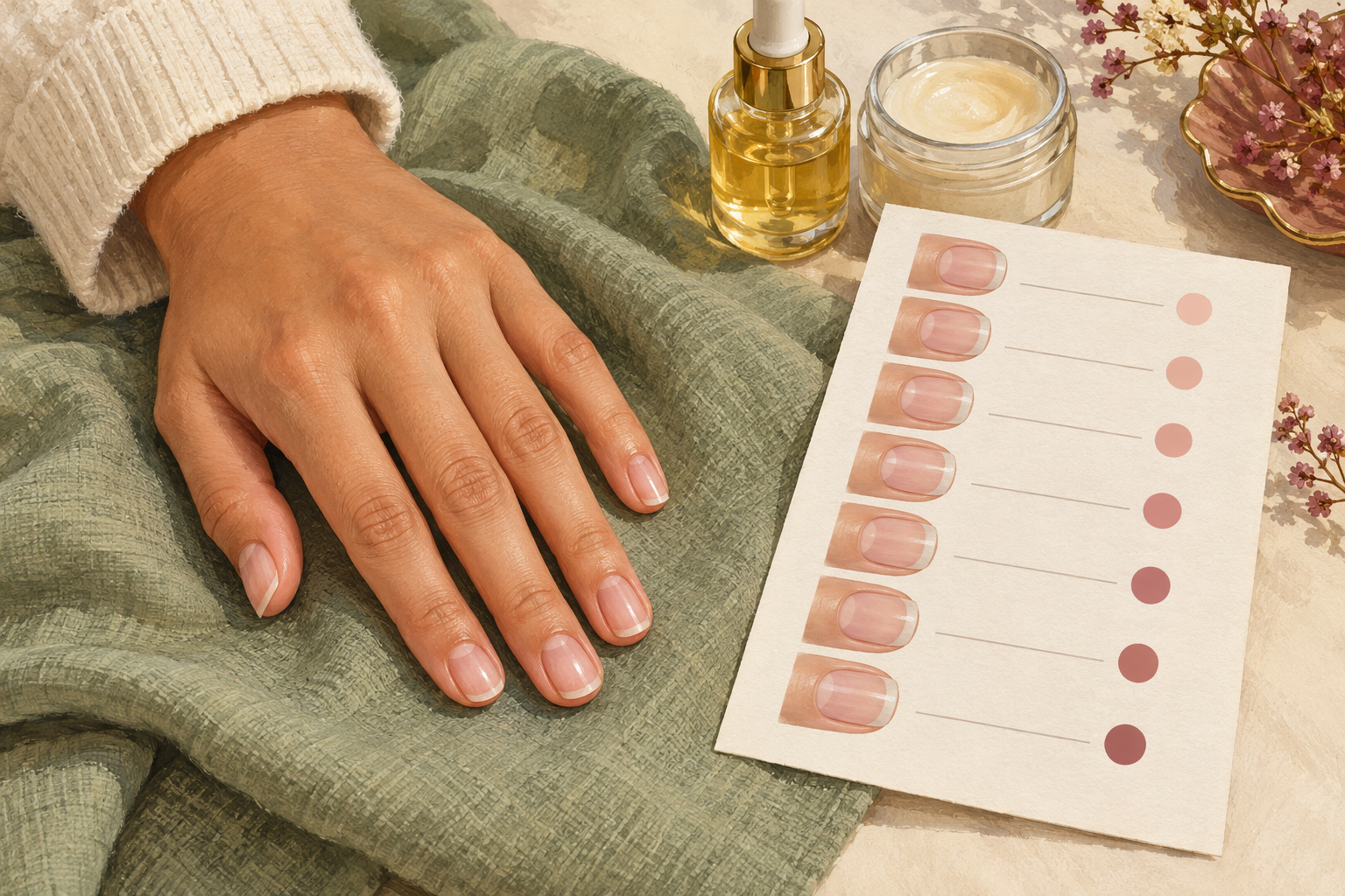 A natural bare hand rests beside a consistent nail-observation record.