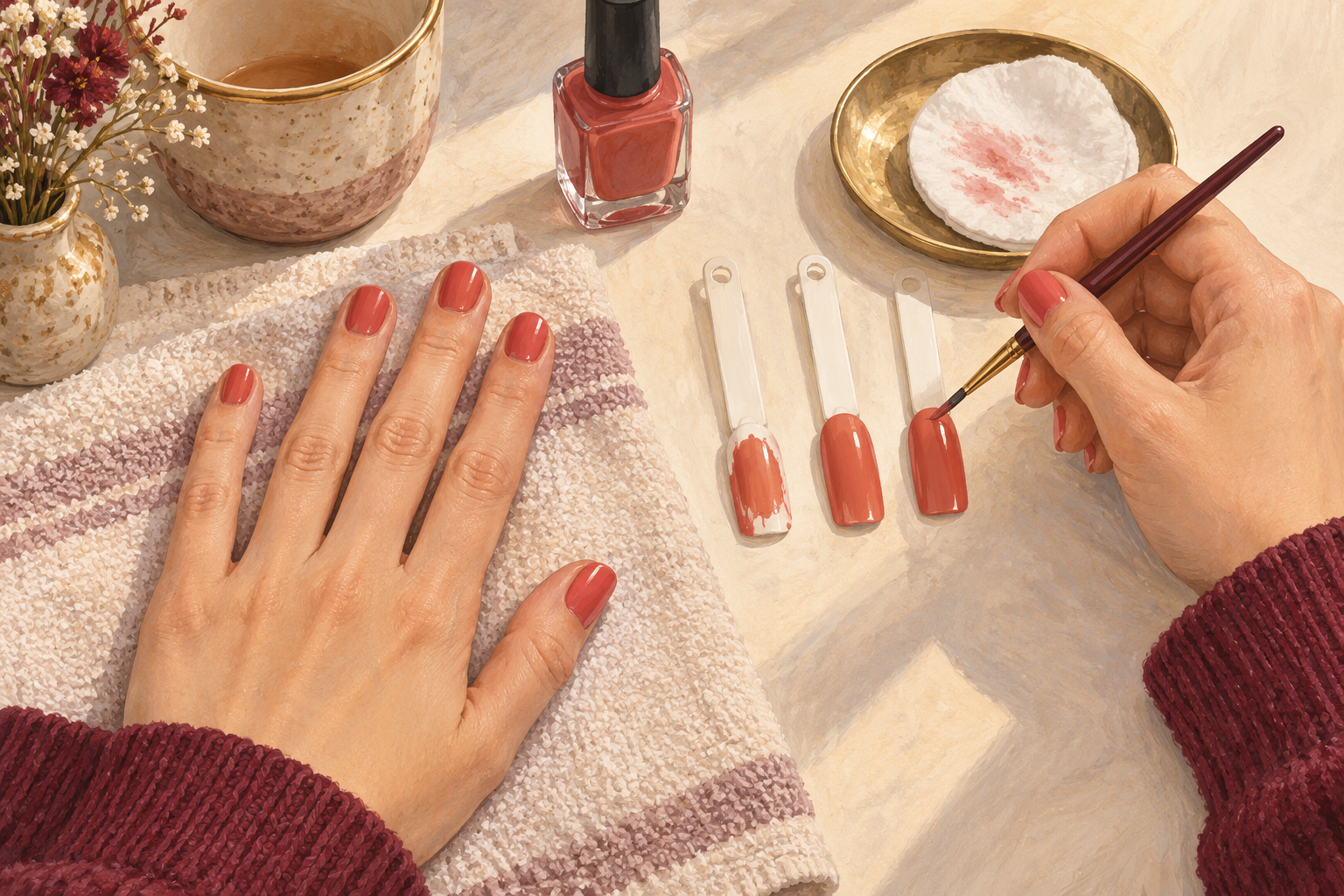 A naturally held brush paints practice nail tips beside a resting manicured hand.