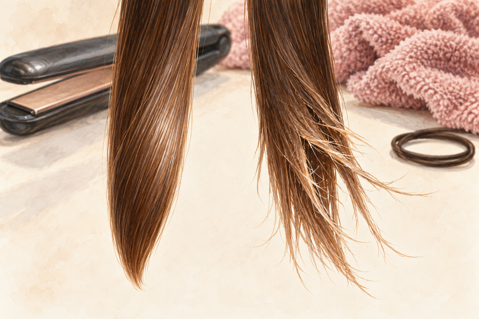 Smooth and frayed hair ends are shown beside heat-styling and friction-related props.