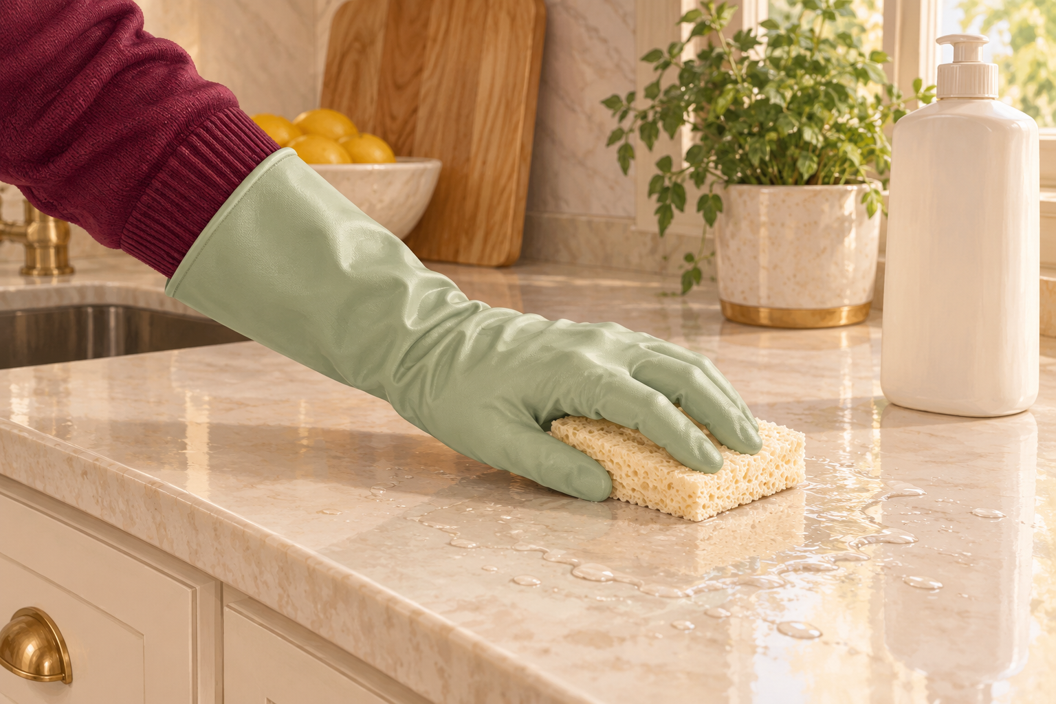 Full waterproof household gloves protect the hands while wiping a counter with a sponge.