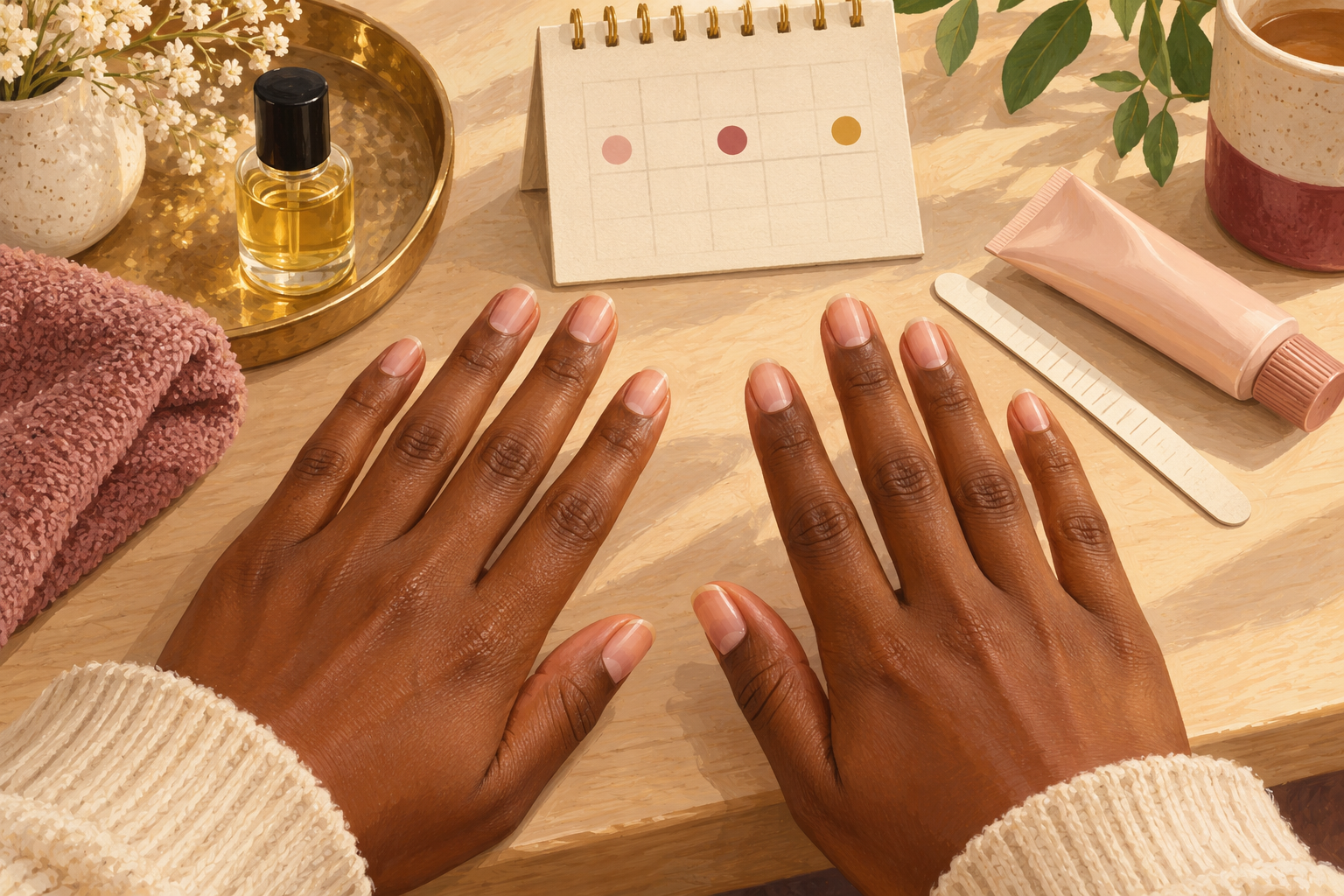 Two natural bare hands rest beside a blank nail-care calendar.