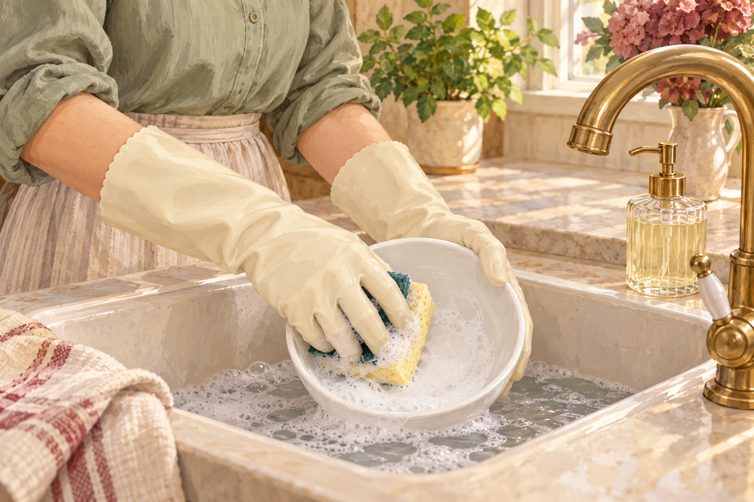 Two full household-gloved hands hold and wash a dish over the sink.