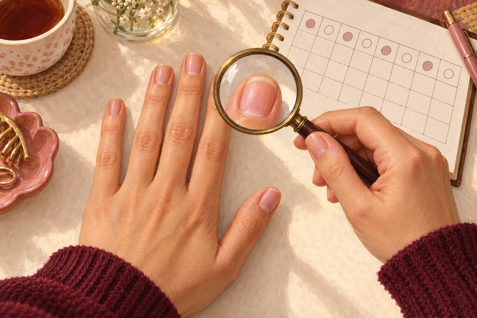 A naturally held magnifier examines a nail beside a blank retention record.
