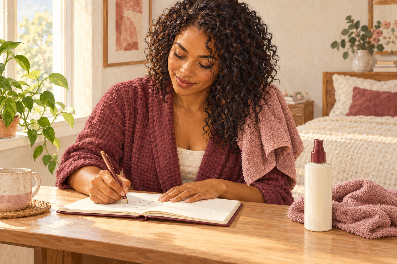A woman writes routine notes beside one hair-care product.