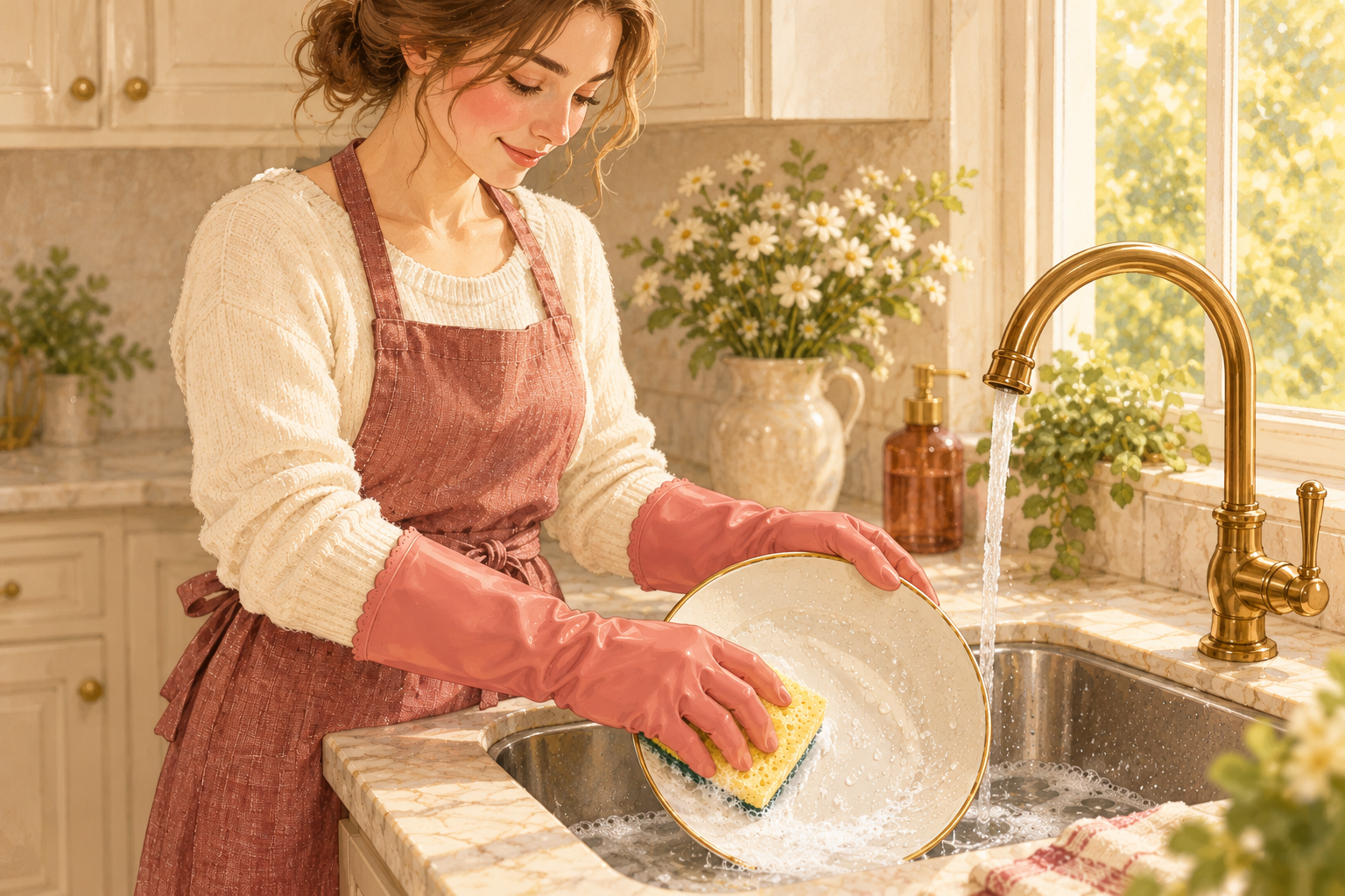 A woman in full household gloves holds a normal round plate at the rim while cleaning it inside the sink.