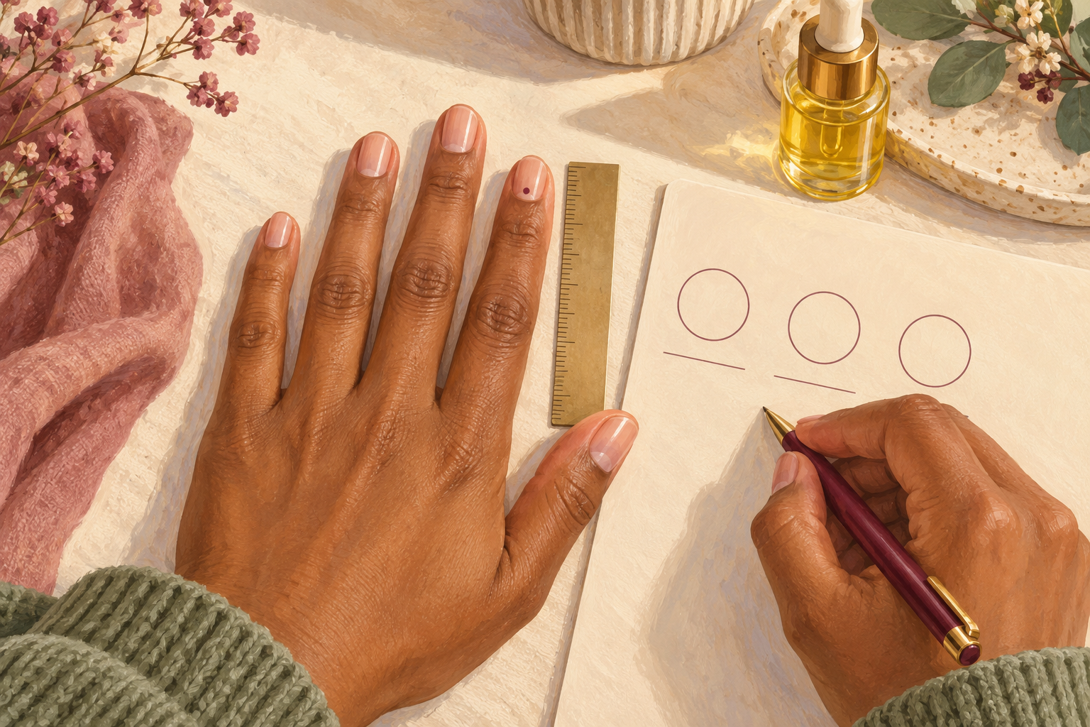 A natural bare hand is recorded beside an unlabelled ruler and three blank check-in spaces.