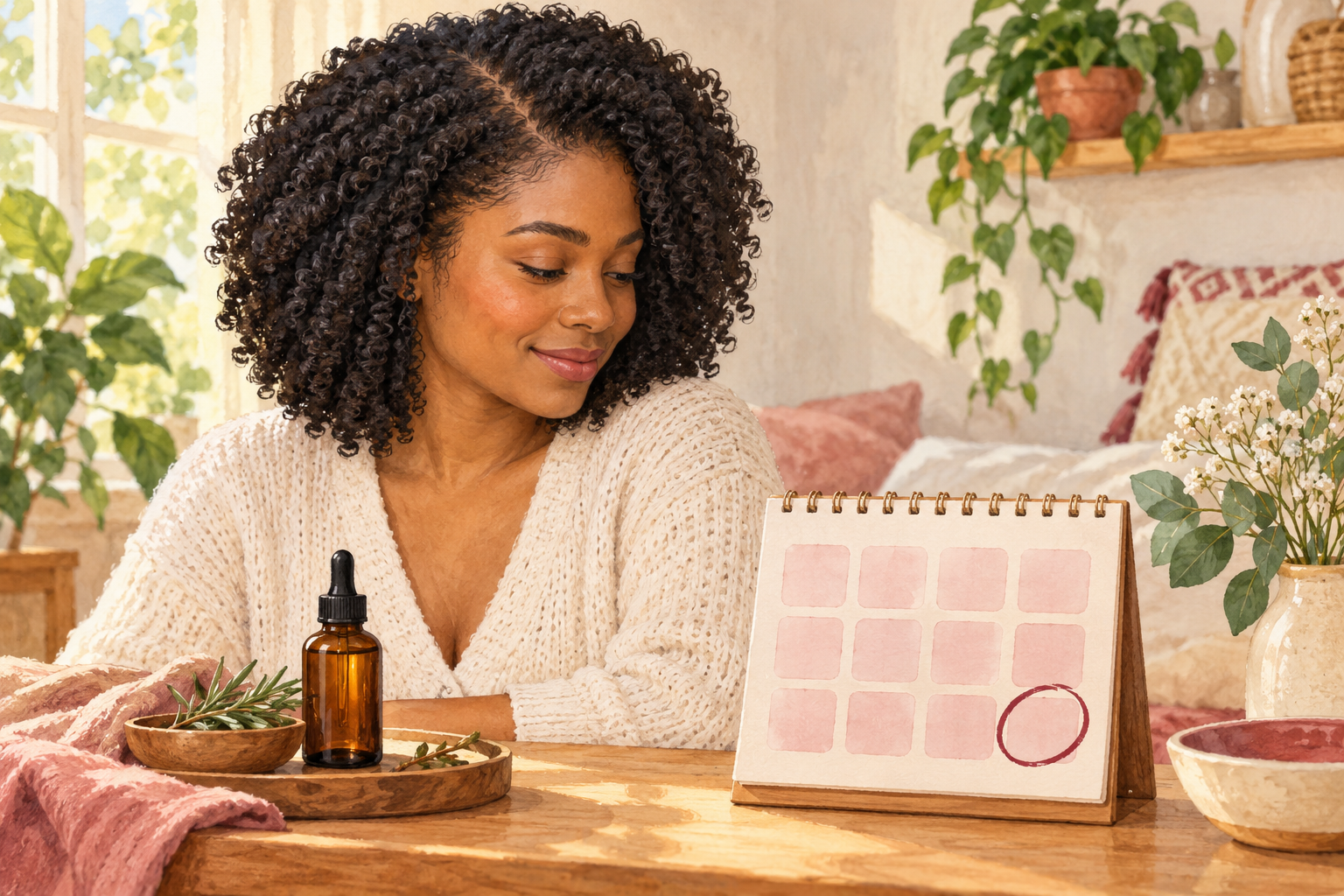 A woman checks her scalp beside hair oil and twelve blank weekly record spaces.