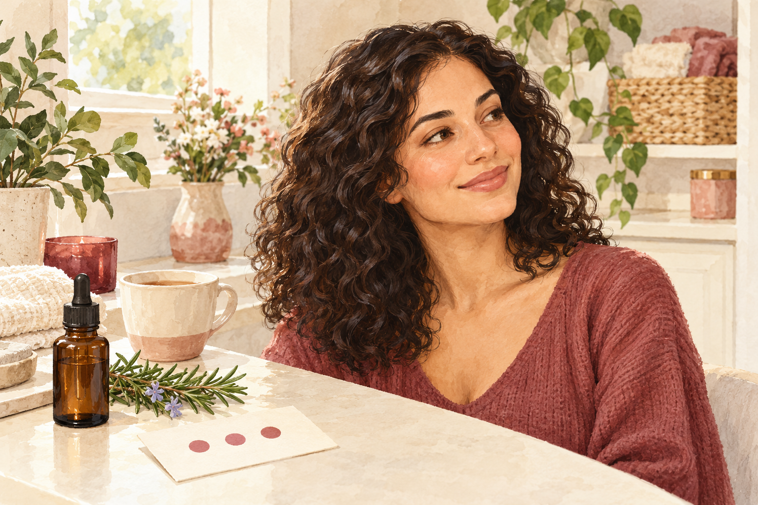 A woman observes her hair condition beside hair oil and simple blank record markers.