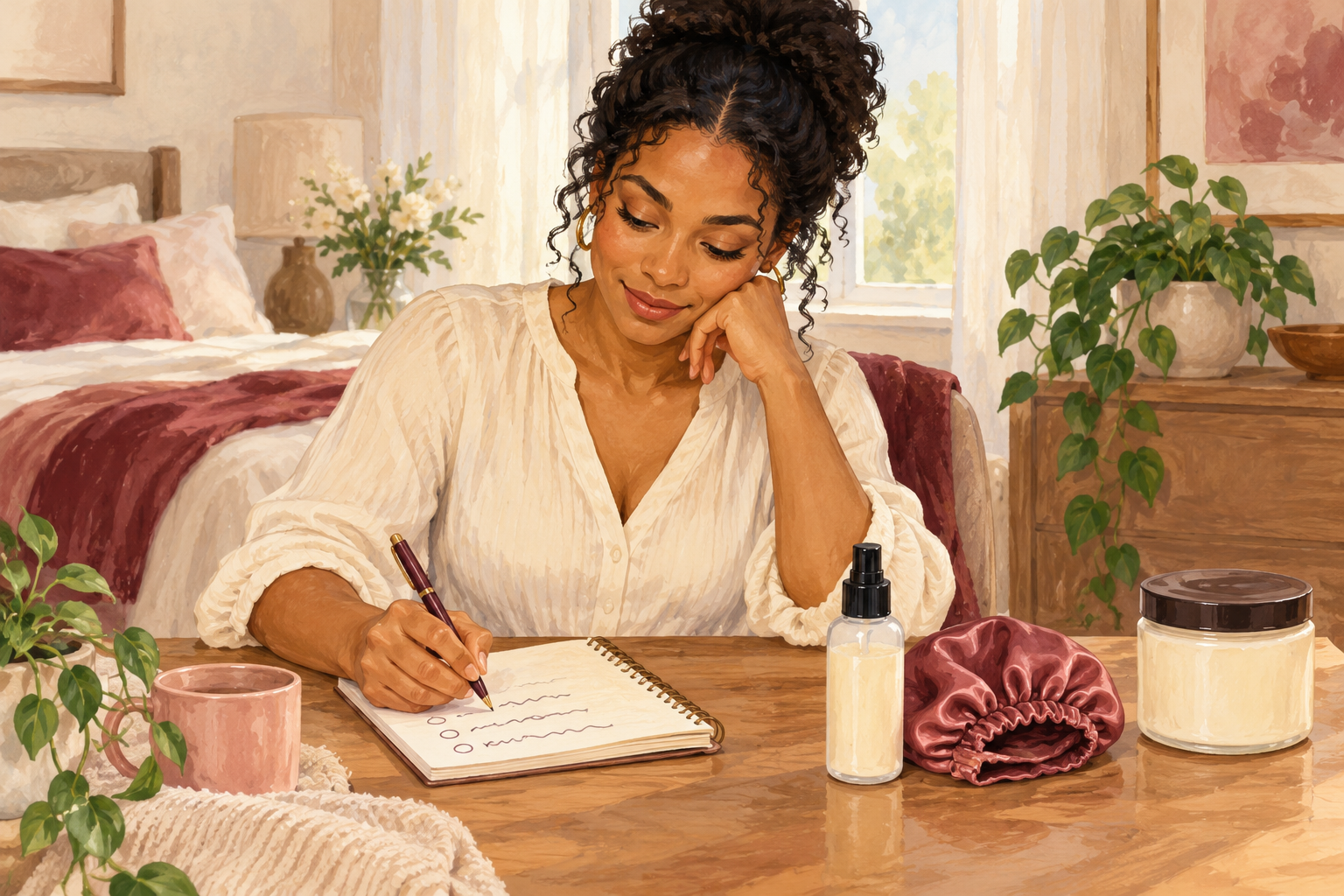 A woman reviews her hair routine in a notebook beside relevant care products.