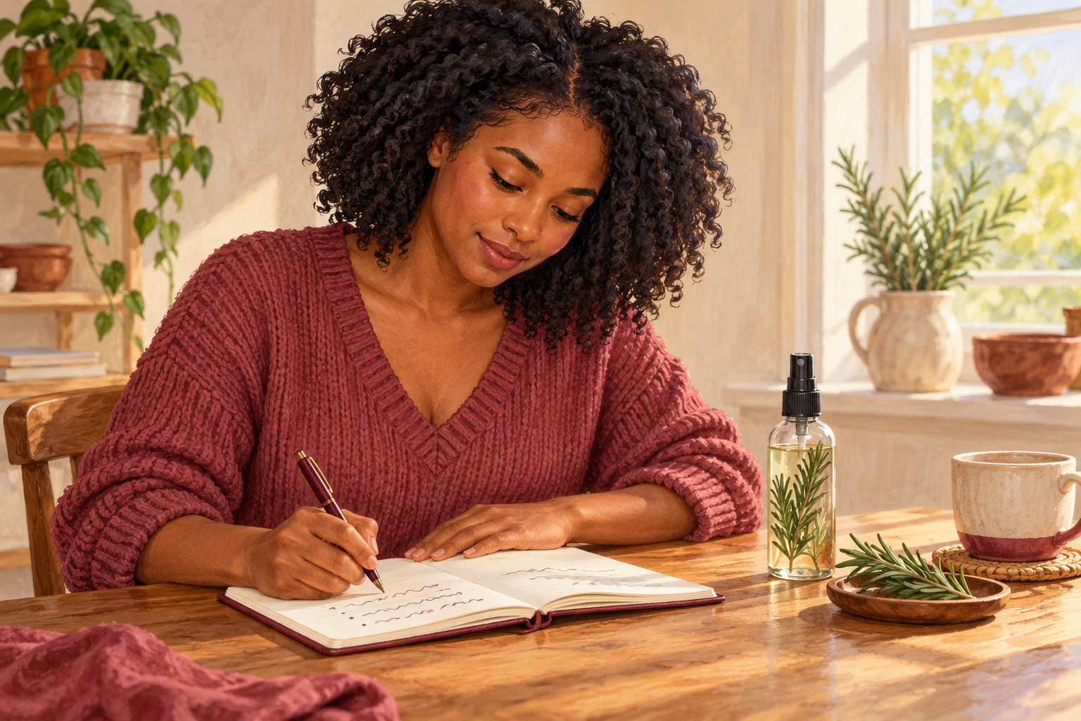A woman writes notes beside one clearly identifiable hair remedy.